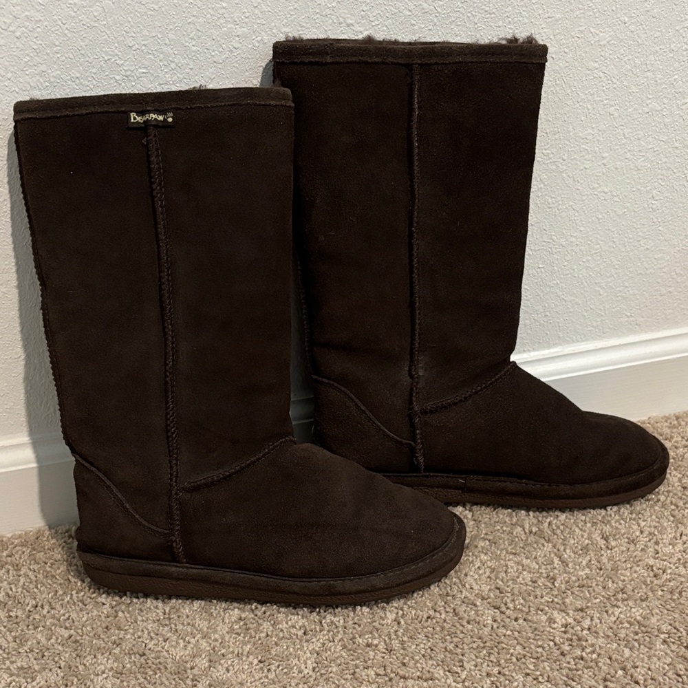 BEARPAW Eva Tall Brown Suede Sheepskin Boots Size 8